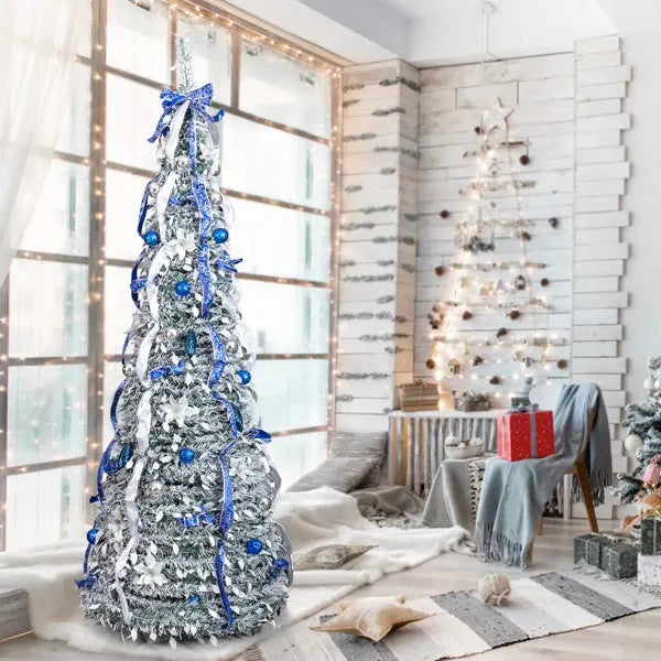 7 FT Snow Flocked Pre-lit Artificial Pop Up Christmas Tree With 200 Warm Lights And Blue & Silver Ornaments For Home Office Store Holiday Deco - The Premium