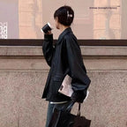 Women's Spring And Fall American Retro Loose Black Motorcycle Leather Jacket