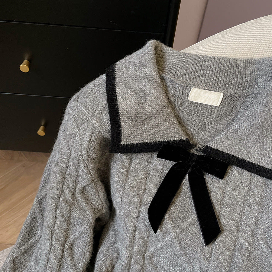 Women's Lapel Short Bow Knit Sweater