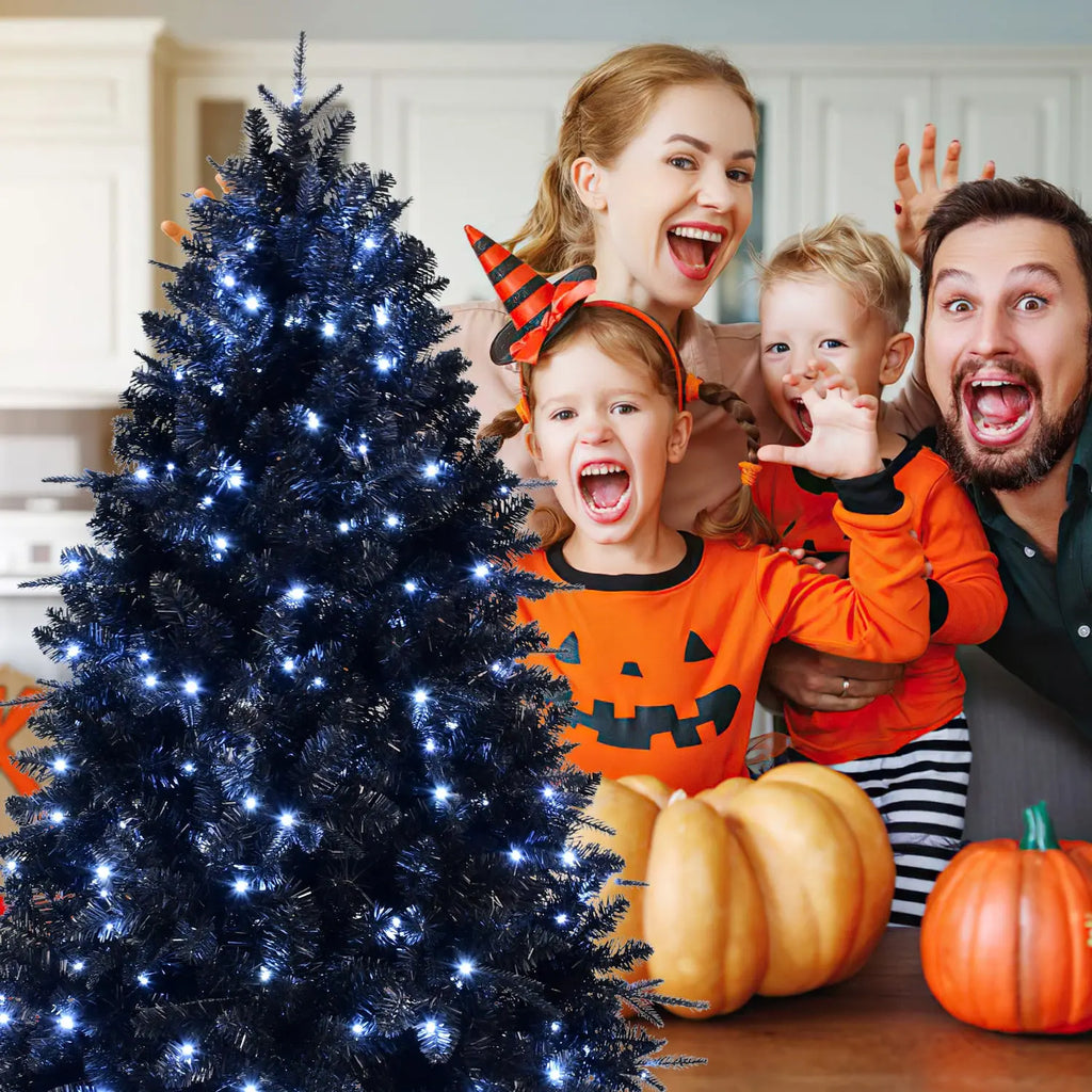 7-Foot Decorative Black Halloween Christmas Tree Artificial Holiday Decoration For Home, Office, And Halloween Parties. Includes 1,916 Branch Tips, 450 Lights, Metal Hinges, And A Foldable Base. - The Premium