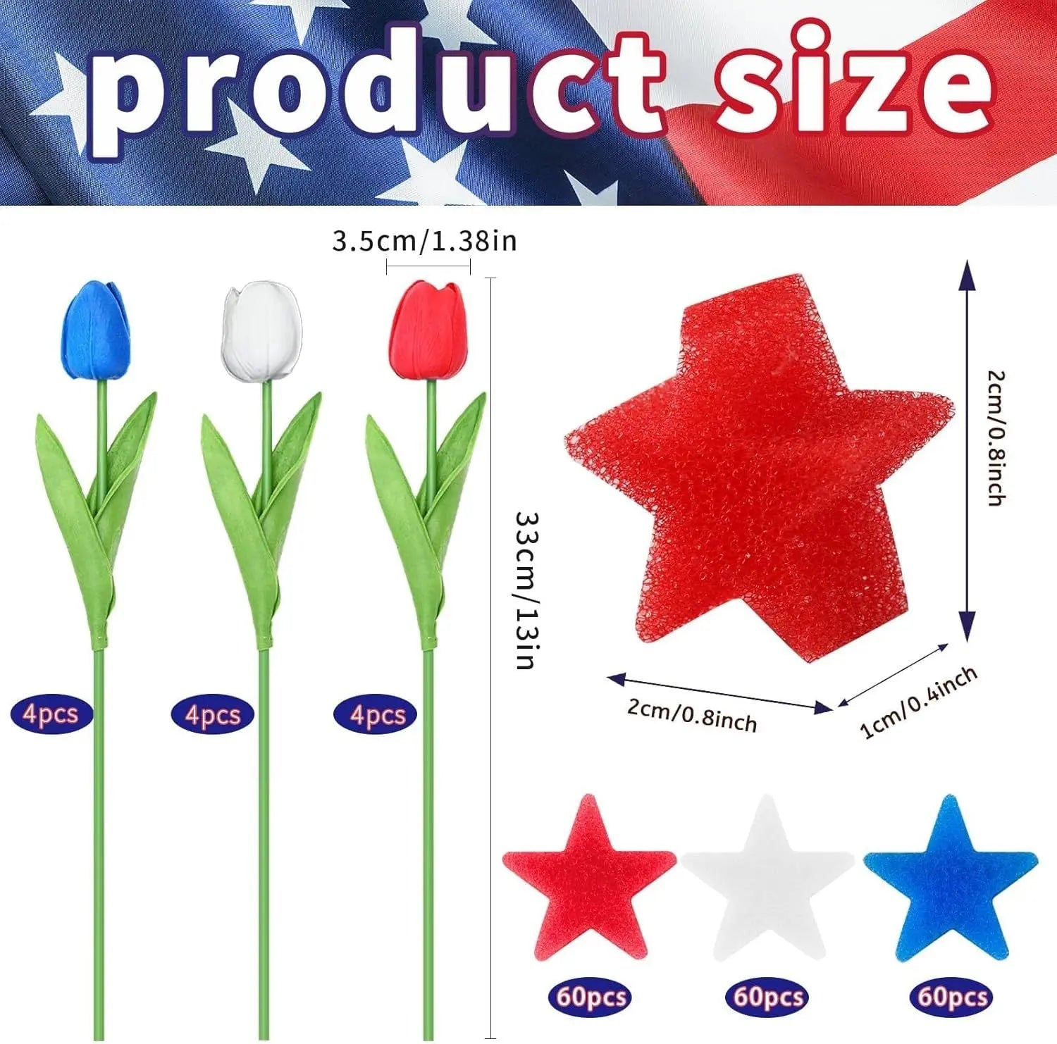 4th Of July Decorations, 12 Pcs Patriotic Artificial Tulips With 180 Pcs Red White Blue Sponge Stars Independence Day Vase Filler For Home Table Centerpiece Decor Clearance Sale - The Premium