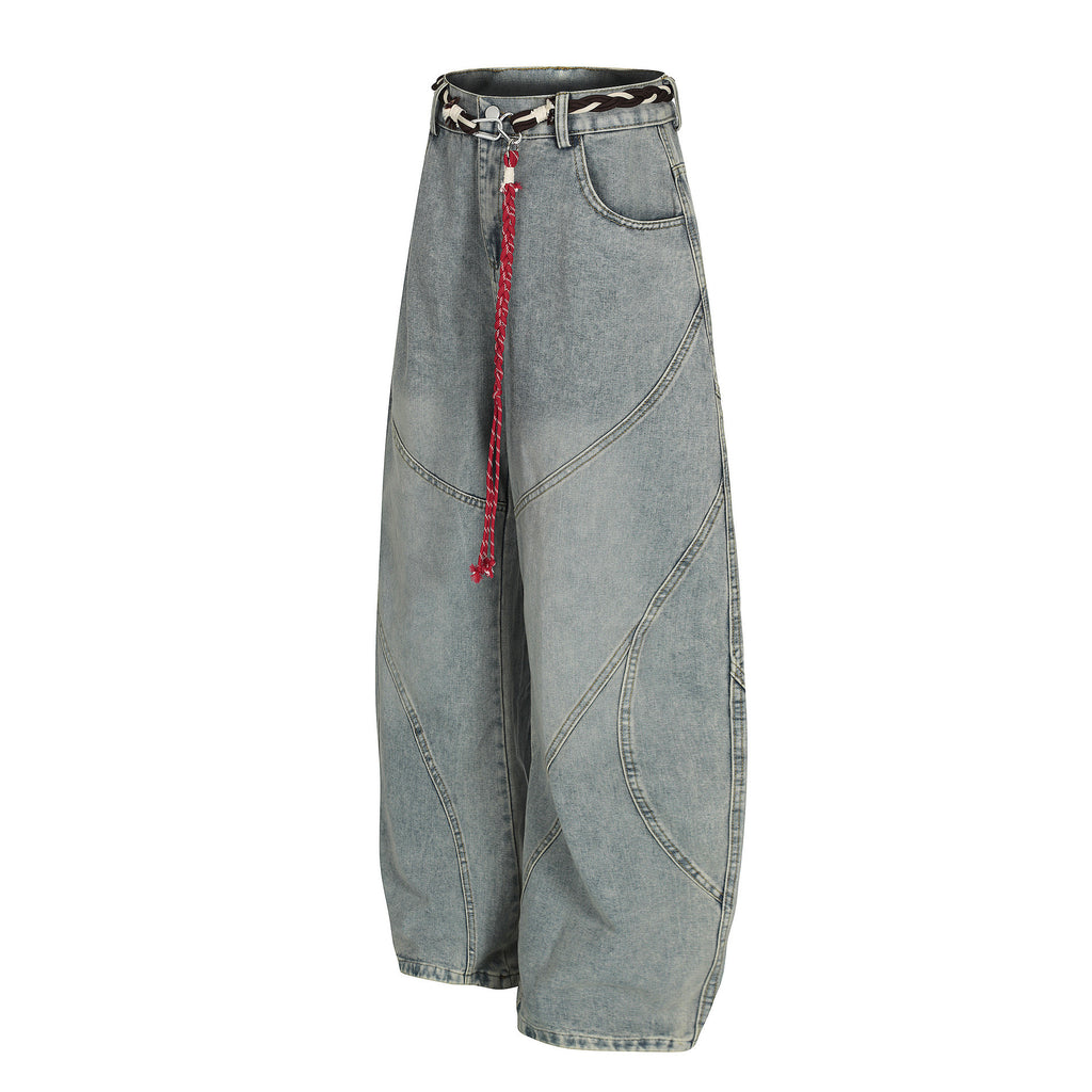 Retro Patchwork Waist Chain Washed Machete Jeans For Men And Women