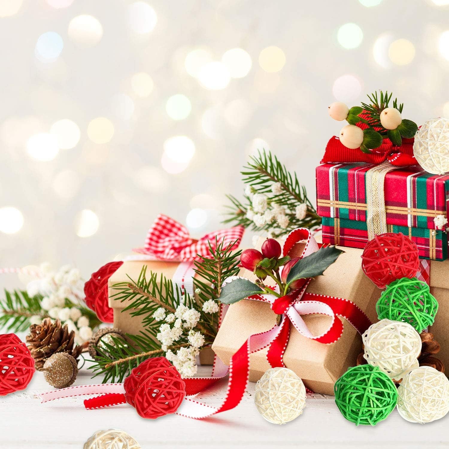 30 Pieces Wicker Rattan Balls Decorative Orbs For Bowl Centerpieces Christmas Vase Filler For Holiday Xmas Home Table Decor DIY Craft Aromatherapy Accessories, 1.2 Inch Red White Green - The Premium