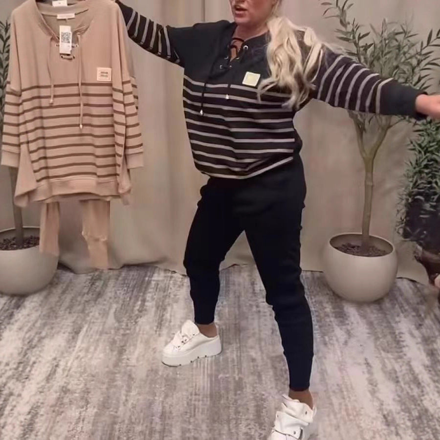 Striped Sporty Two-piece Loose Sweatshirt Sweatpants Set