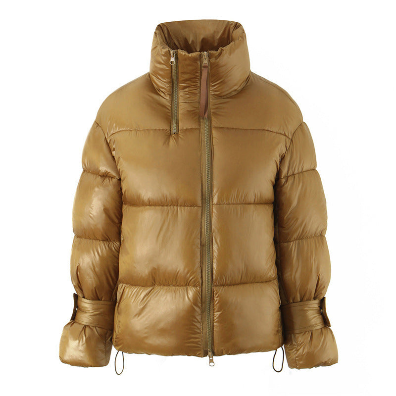 Golden Stand-up Collar Double Zipper Puffer Coat For Women