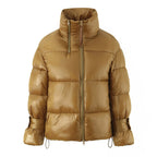 Golden Stand-up Collar Double Zipper Puffer Coat For Women