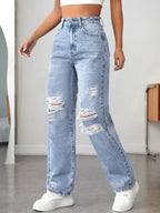 Ripped Straight Denim Women's Loose Trousers
