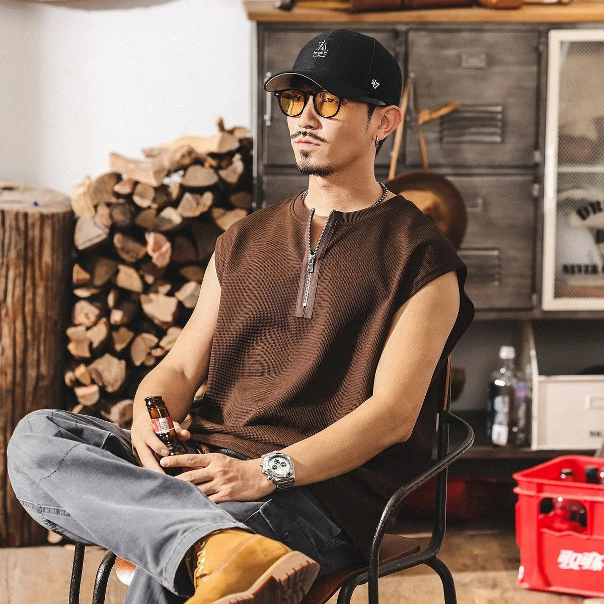 Vintage Zipper Sports Fitness Vest Men's Loose Waffle Texture Tough Guy T-shirt - The Premium