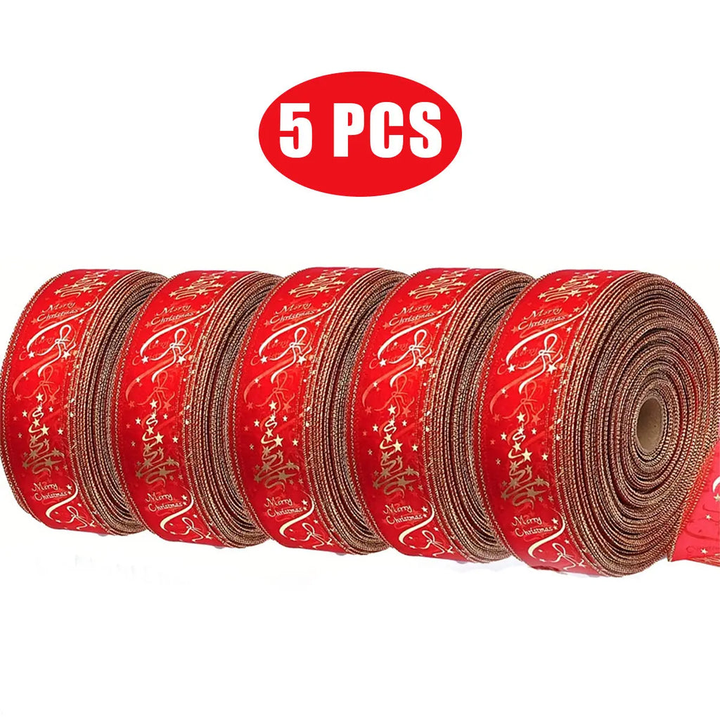 5 Rolls Christmas Ribbon Red And Gold Wired Ribbon Merry Christmas Cotton Ribbon Christmas Tree DIY Crafting Gifts Wrapping - The Premium