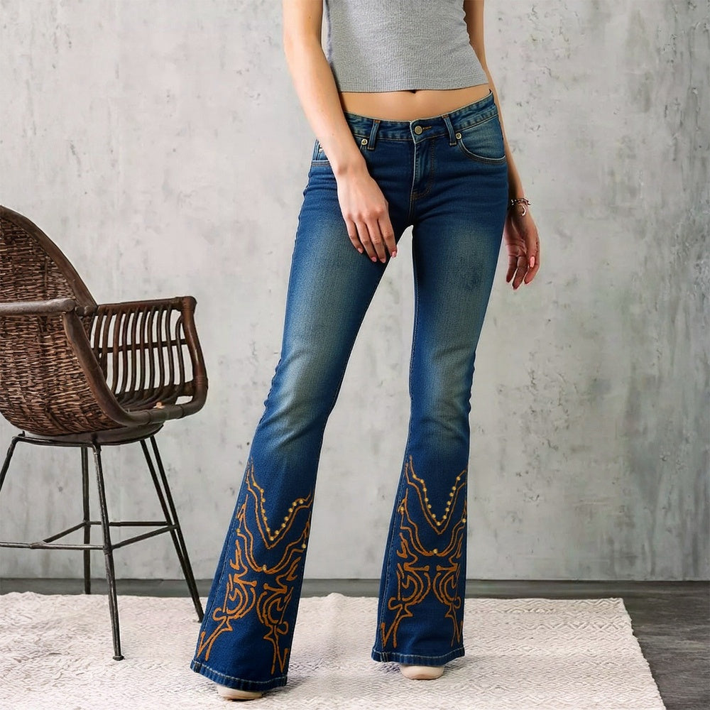 Embroidered Flared Jeans, High-Waist Bootcut Jeans, Women's Denim Style, Vintage Stretch Pants, Western Retro Flared Pants