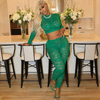 Sexy Lace Long Sleeve Casual Pants Two-piece Set