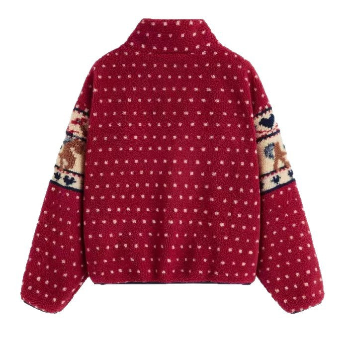 Christmas Long-sleeve Zipper Pocket Snowflake Moose Woolen Coat