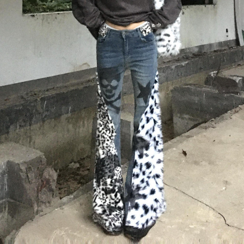 Retro Large Size Washed Skull Leopard Print Skinny Jeans