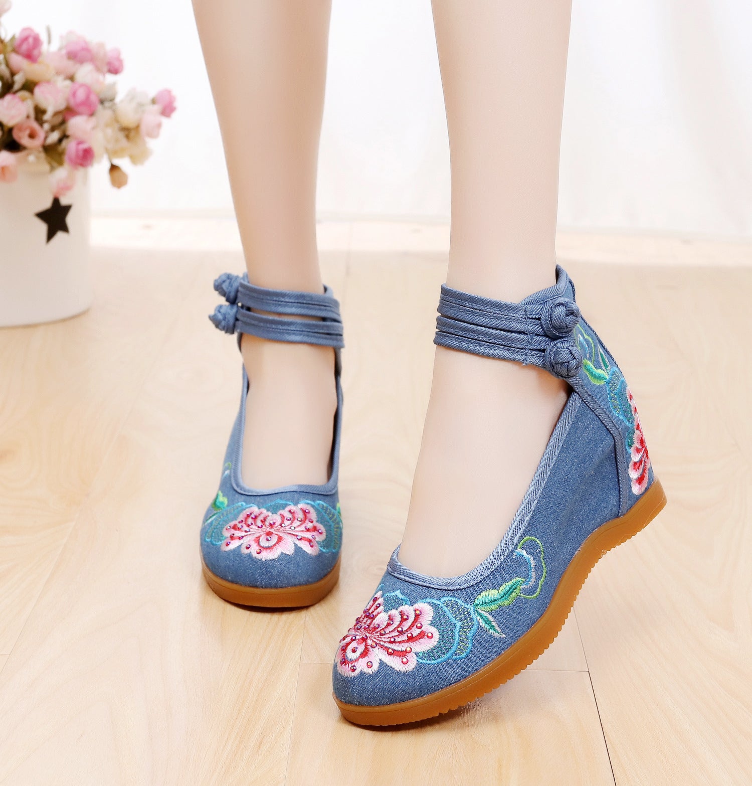 Women's Rhinestone Ethnic Style Double Buckle Canvas High Heels