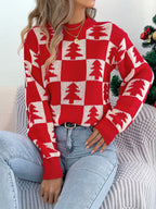 Christmas Tree Plaid Lantern Sleeve Pullover Sweater