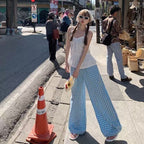 Color-block Dopamine Grid High-waisted Draped Wide-leg Pants Loose And Slimming Casual