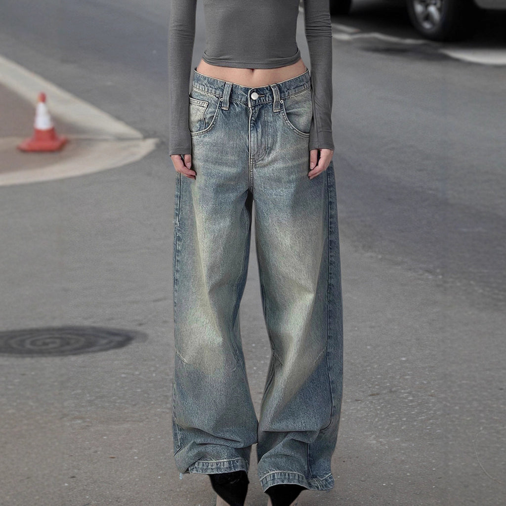 Autumn Winter Retro Distressed Dirty Pants High Waist Straight Loose Wide Leg Jeans