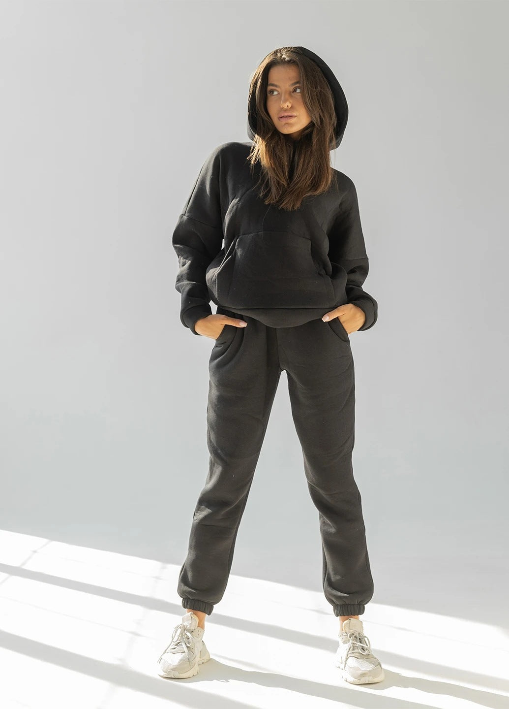 Casual Fleece-lined Hooded Sweatshirt And Pants Two-piece Set