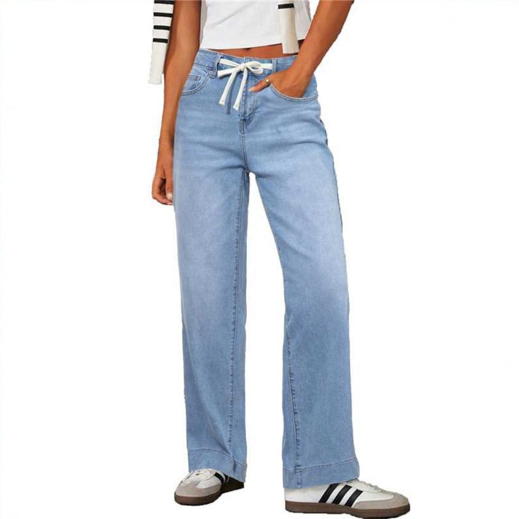 High Waist Elastic Straight Loose Drawstring Denim Trousers