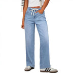High Waist Elastic Straight Loose Drawstring Denim Trousers
