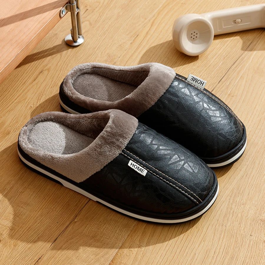 PU Leather Big Sizes Slippers Indoor Waterproof Fur Flat