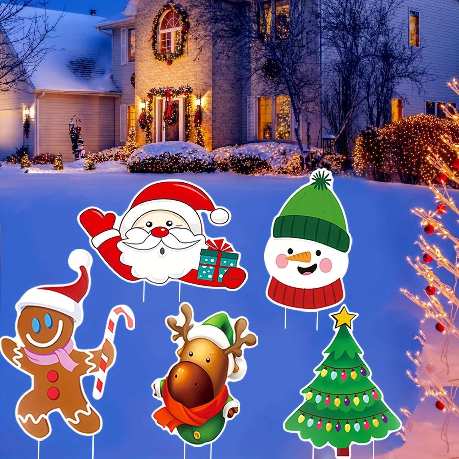 5 Pack Christmas Outdoor Yard Signs With Stakes Christmas Tree Reindeer Santa Gingerbread Snowman Signs Holiday Garden Sign For Xmas Winter Party Porch Lawn Walkway Decorations Outdoor Christmas Scene