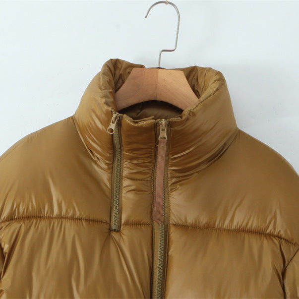 Golden Stand-up Collar Double Zipper Puffer Coat For Women