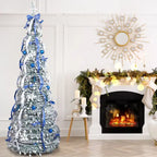 7 FT Snow Flocked Pre-lit Artificial Pop Up Christmas Tree With 200 Warm Lights And Blue & Silver Ornaments For Home Office Store Holiday Deco - The Premium