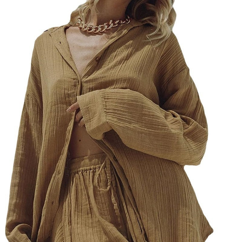 Women's Casual Long-sleeve Shirt And Shorts Set