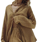 Women's Casual Long-sleeve Shirt And Shorts Set