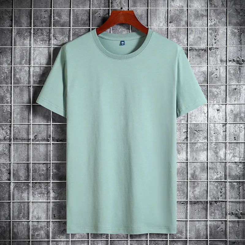 Cotton Short Sleeve T-shirt Men's Pure Color All-matching Round Neck Lycra Elastic Plus Size - The Premium