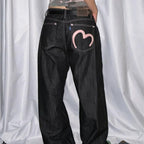 Heart Printing Jeans Women's High Waist Straight Casual