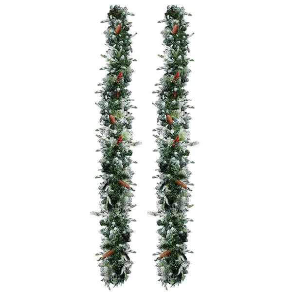 2 Pack 9FT Pre-lit Snow Flocked Christmas Garland, Lighted Artificial Xmas Garland With 200 Warm Lights And 440 Tips And Red Berries, For Front Door Gate Wall Xmas Party Decorations, Snowy Green - The Premium