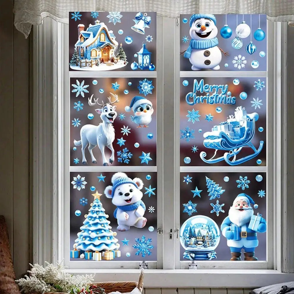 9 Sheets Christmas Window Stickers Blue Gnome Double-Sided Printed Xmas Self-Adhesive Window Sticker PVC Snowflakes Window Sticker For Christmas Home Window Indoor Garden Decoration - The Premium