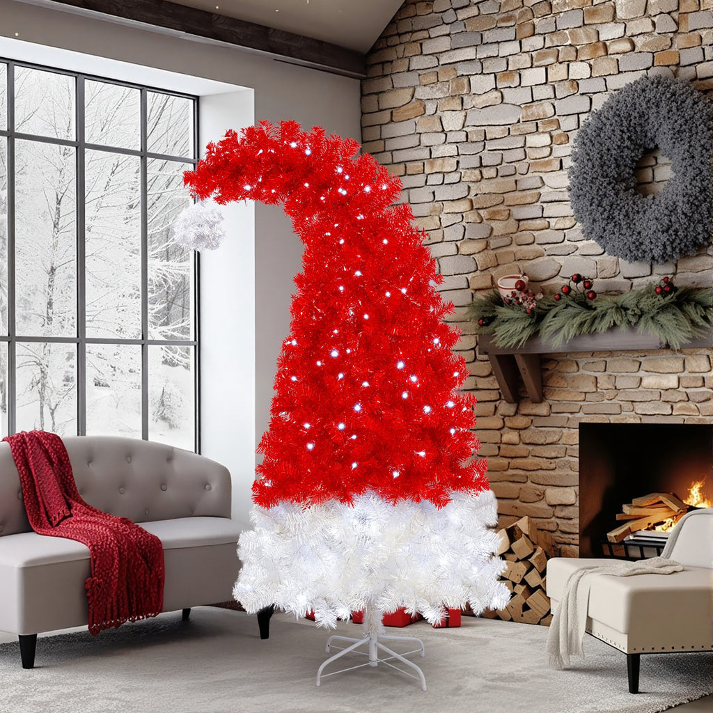 6FT Artificial Christmas Tree With LED Light, Santa's Hat Shape Artificial Whimsical Xmas Tree With 1050 Tip, Curved Xmax Tree - The Premium