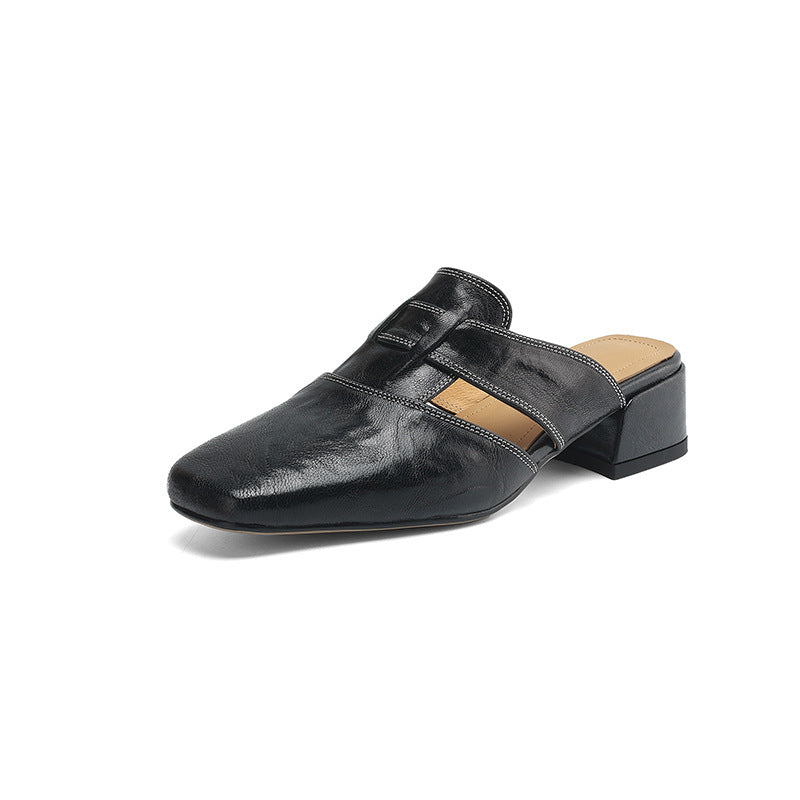 Retro Closed Toe Half Slippers Women's Summer Low Heel Thick Heel Rear Empty Sandals