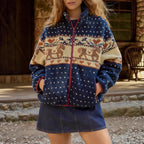 Christmas Long-sleeve Zipper Pocket Snowflake Moose Woolen Coat