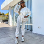 Long Sleeve Round Neck Pocket Loose Sweatshirt Casual Sports Pants