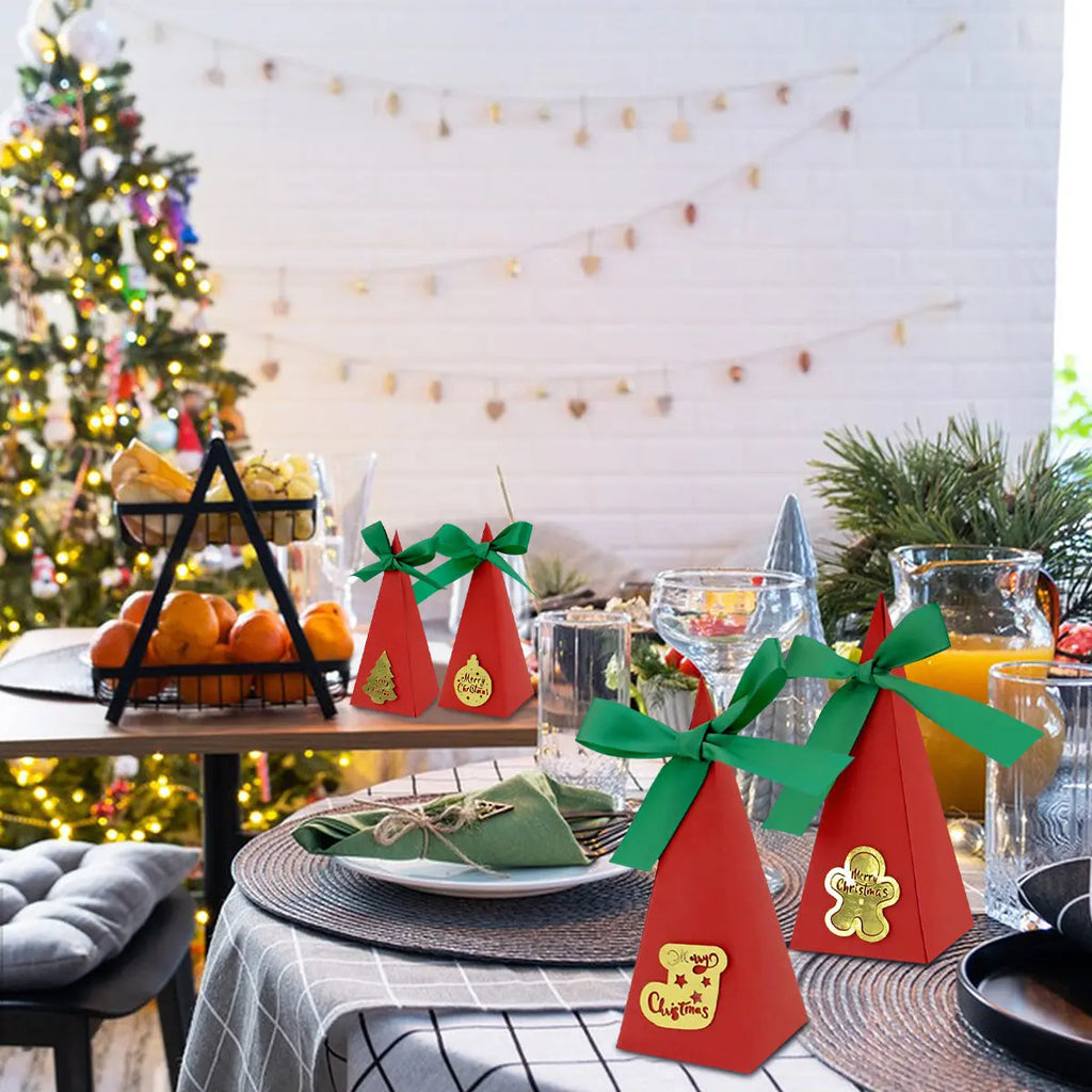 20 Packs Christmas Treat Boxes Goody Boxes Pre-Assembled Triangle Christmas Packing Box Christmas Tree Socks Gold Card Xtmas Cookie Gift Box For Christmas Birthday Wedding Party - The Premium