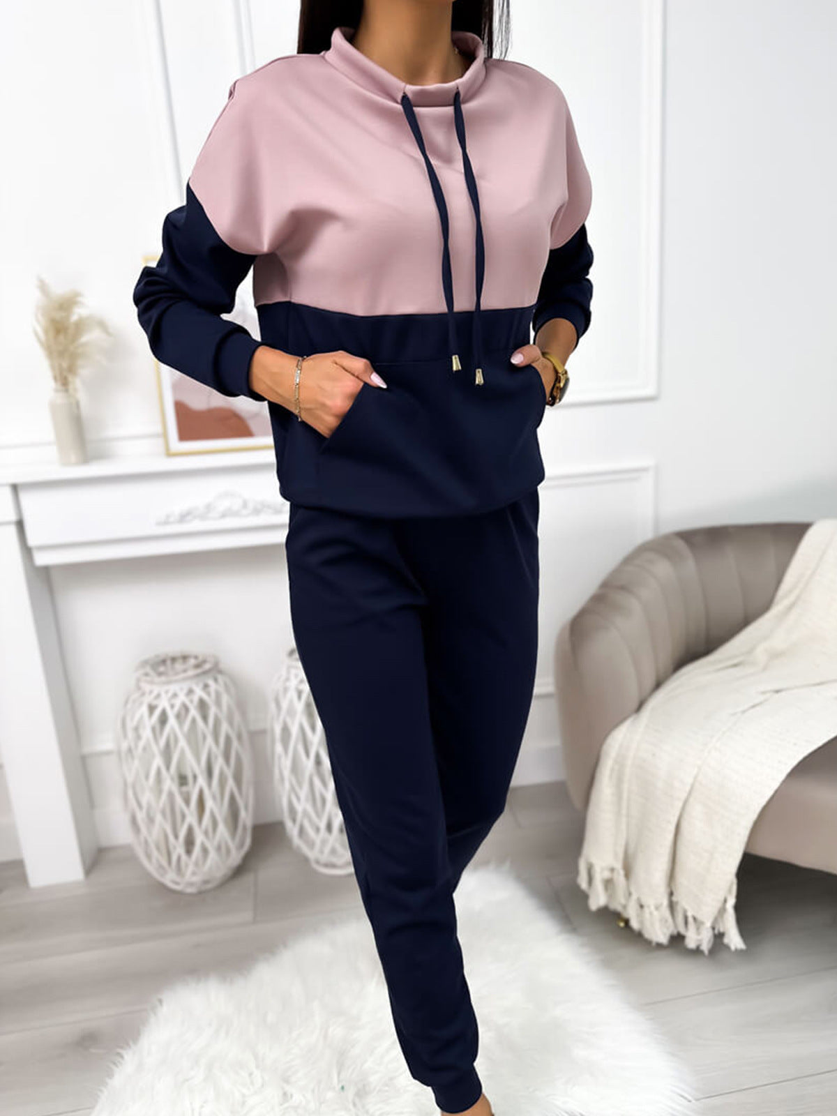 Drawstring Semi-high Neck Color Block Sporty Sweatshirt