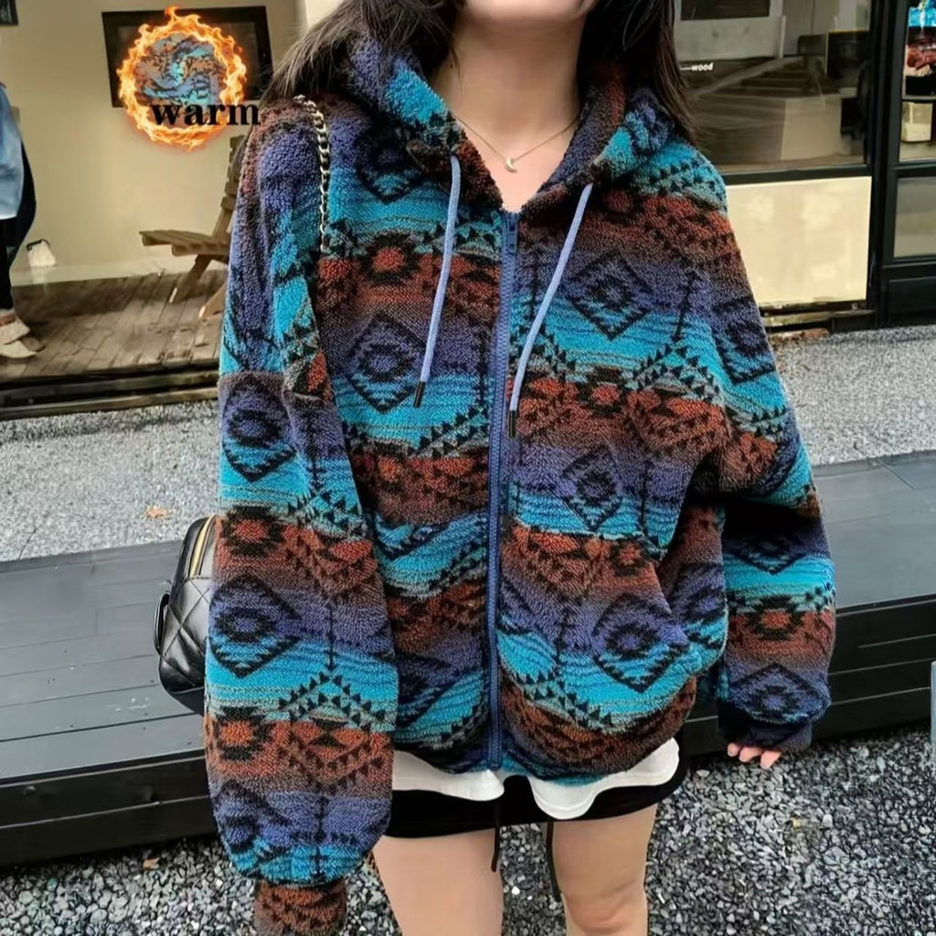 Double-sided Fleece Color-blocking Printed Pattern Jacket Cardigan