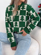 Christmas Tree Plaid Lantern Sleeve Pullover Sweater