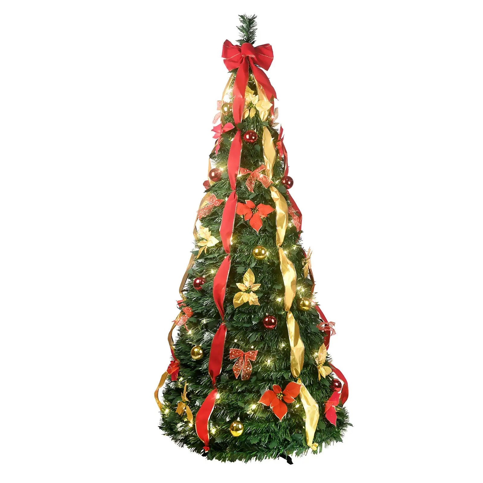 7.5ft Pre-lit Pre-decorated Christmas Tree Pop-up Christmas Tree, 2-Minute Setup Holiday Party Decoration With Red And Gold Christmas Ball Ornaments And Gold Ribbon Bows - The Premium