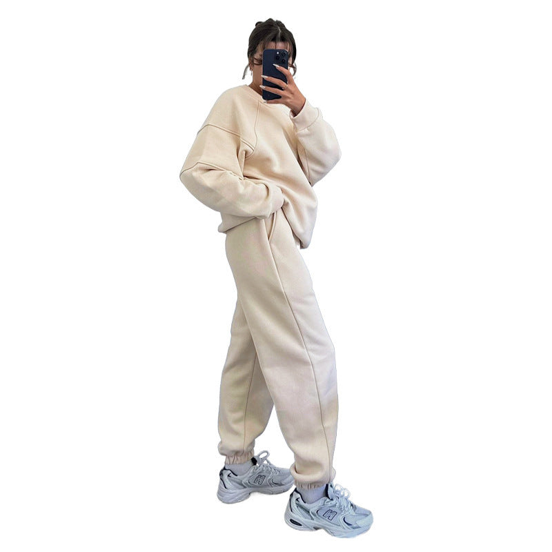 Solid Color Round Neck Long Sleeve Sweatshirt Women's Fashion Casual Loose Pants Suit