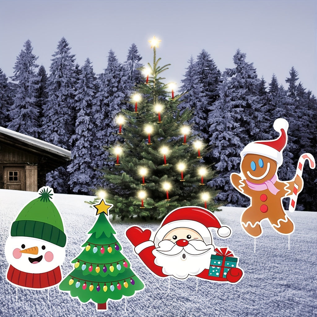 5 Pack Christmas Outdoor Yard Signs With Stakes Christmas Tree Reindeer Santa Gingerbread Snowman Signs Holiday Garden Sign For Xmas Winter Party Porch Lawn Walkway Decorations Outdoor Christmas Scene