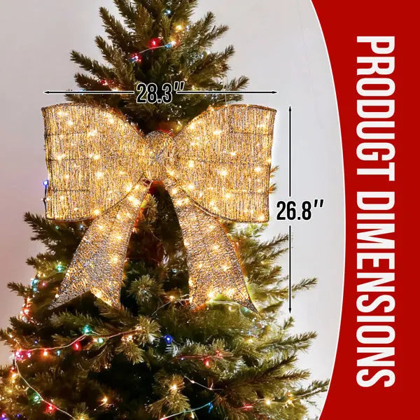 Pre-lit Outdoor Giant Bowknot Christmas Decoration, Lighted Metal Frame With 124 Warm White LED Lights, For Front Door Gate Wall Indoor Outdoor Holiday Party, Golden - The Premium