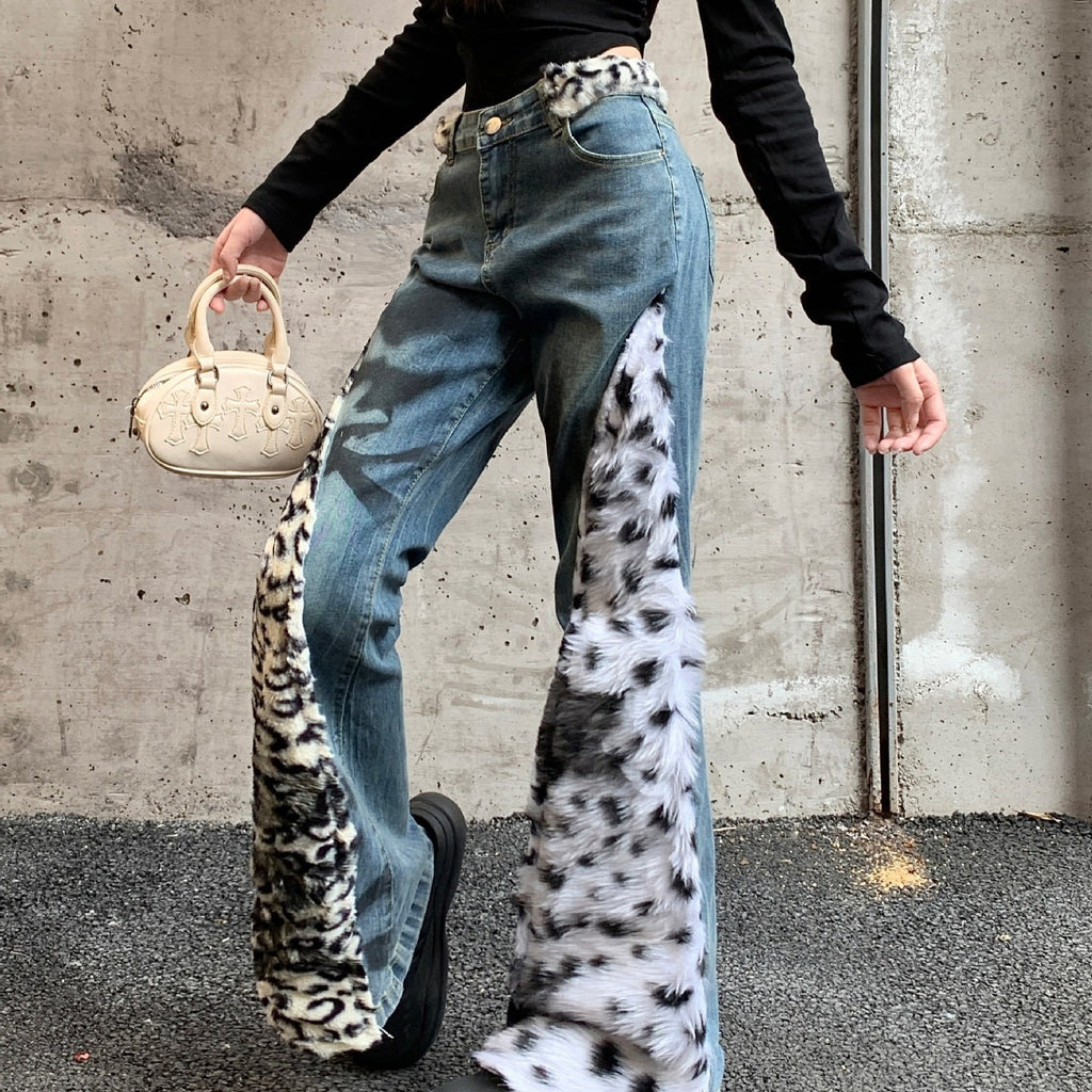 Women's Washed Leopard Splicing Skinny Jeans
