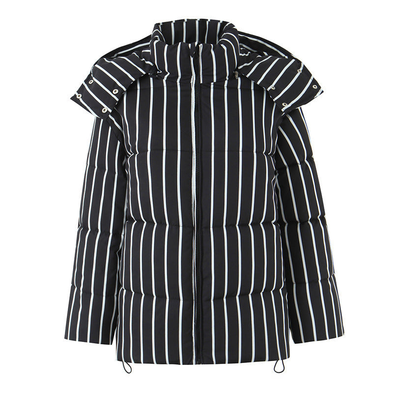 Women's Black Striped Hooded Cotton Coat