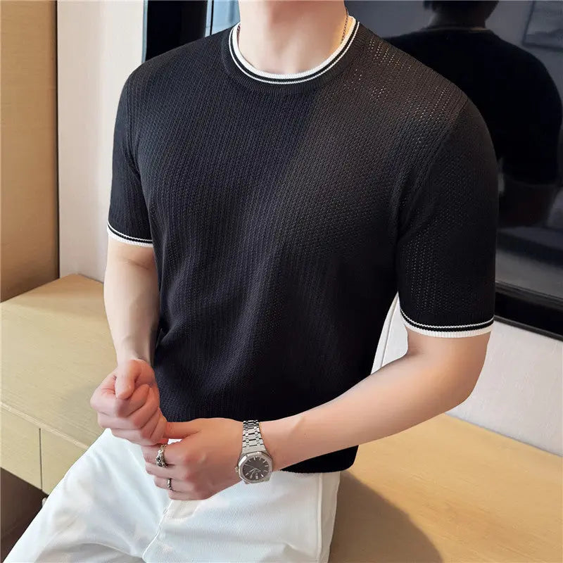 Men's Round Neck Contrast Color Stretch Knitted T-shirt - The Premium