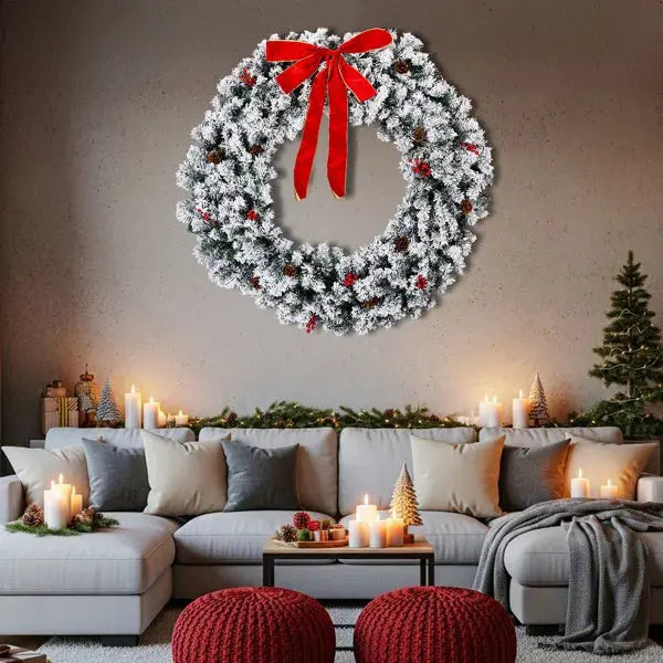48in Pre-lit Snow Flocked Christmas Wreath, Lighted Artificial Xmas Wreath With 150 Warm White Lights And 450 PVC Tips And DIY Ornaments, For Front Door Gate Wall Xmas Party Decorations, Snowy Green - The Premium